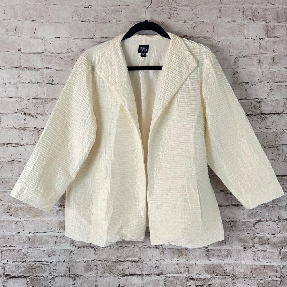 Eileen Fisher Women's XL Cream Textured 3/4 Sleeve Open Front Blazer 100% Silk